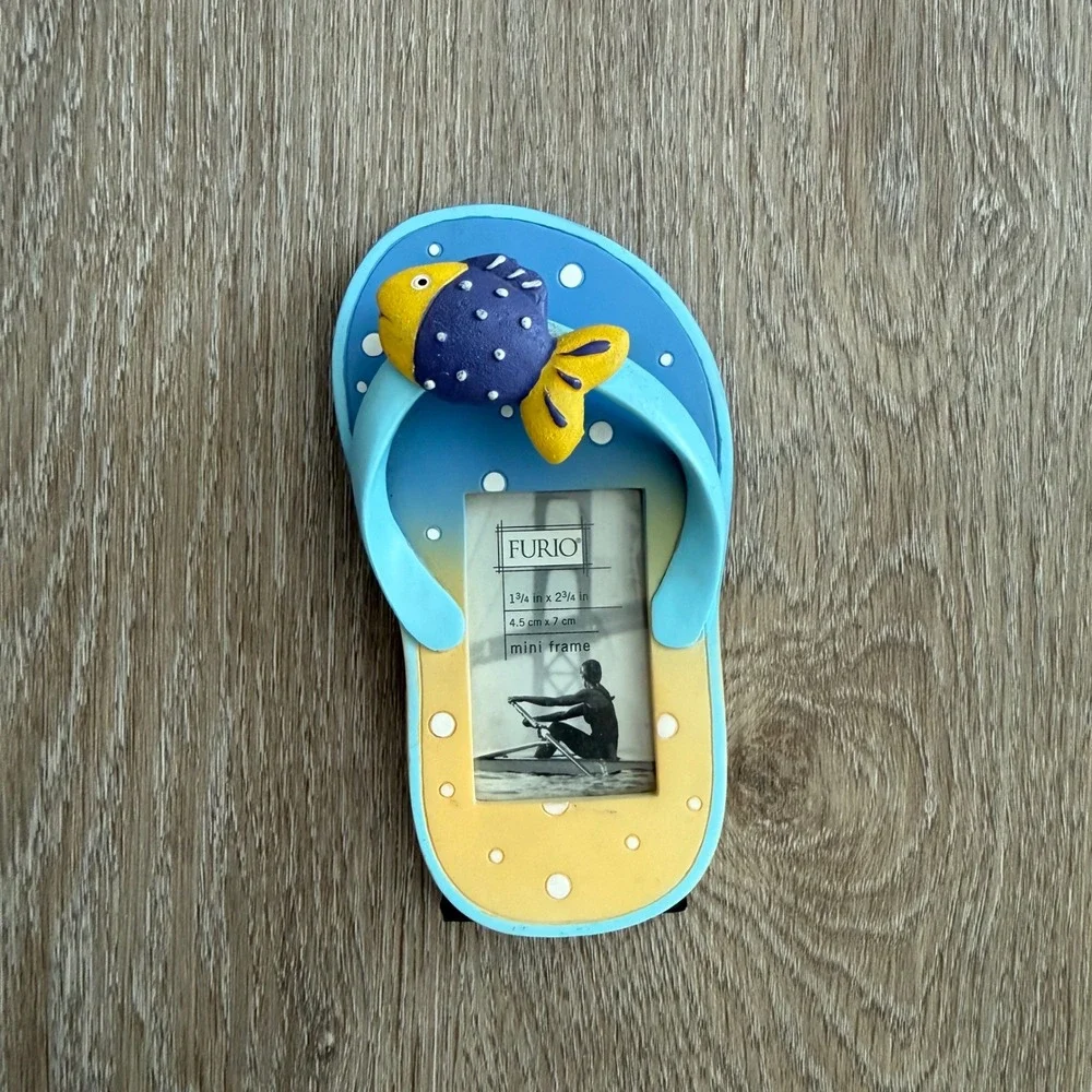 Furio Flip Flop Mini Picture Frame Blue Yellow Polka Dot 3D Fish Beach Decor 5in